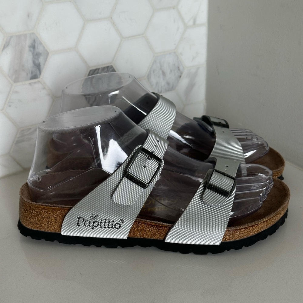 Papillio by Birkenstock Arizona Flex Silver Ribbed Metallic EU 36 US 5-5.5 N
